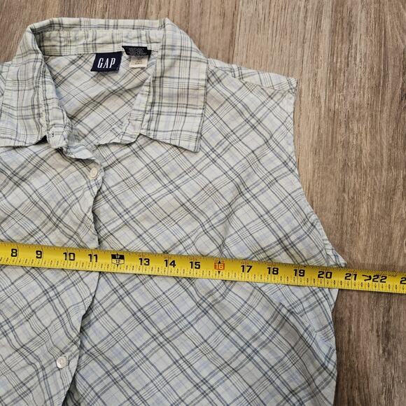 Vtg Y2K GAP Linen Sleeveless Blouse Women M Blue Plaid Preppy 2000s Boho Cottage - Picture 7 of 9